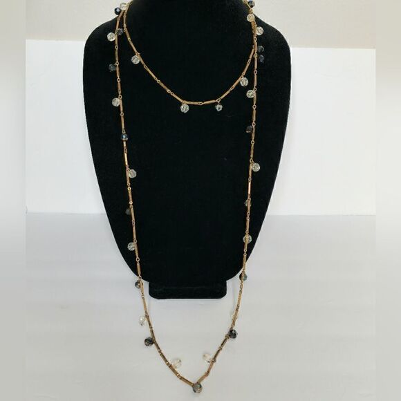 Vintage Gold Lucite floating beaded bar link double necklace - Picture 3 of 14